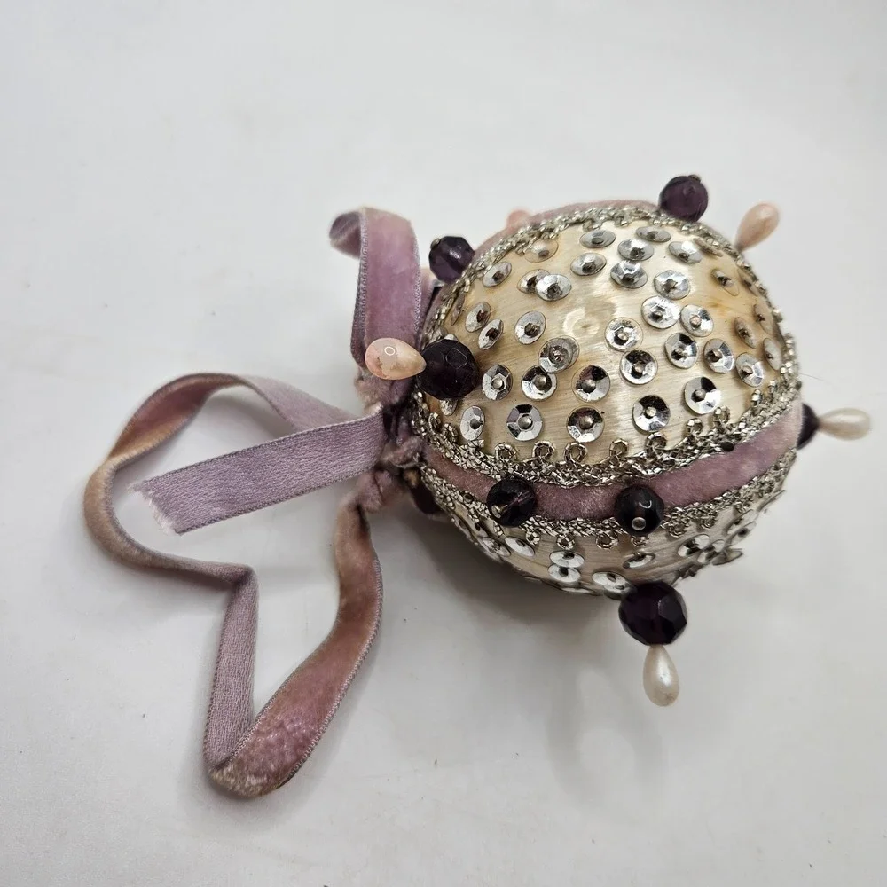 Vintage Handmade Satin Beaded Christmas Ornaments Lot of 5 Sequin Pearl Bead
